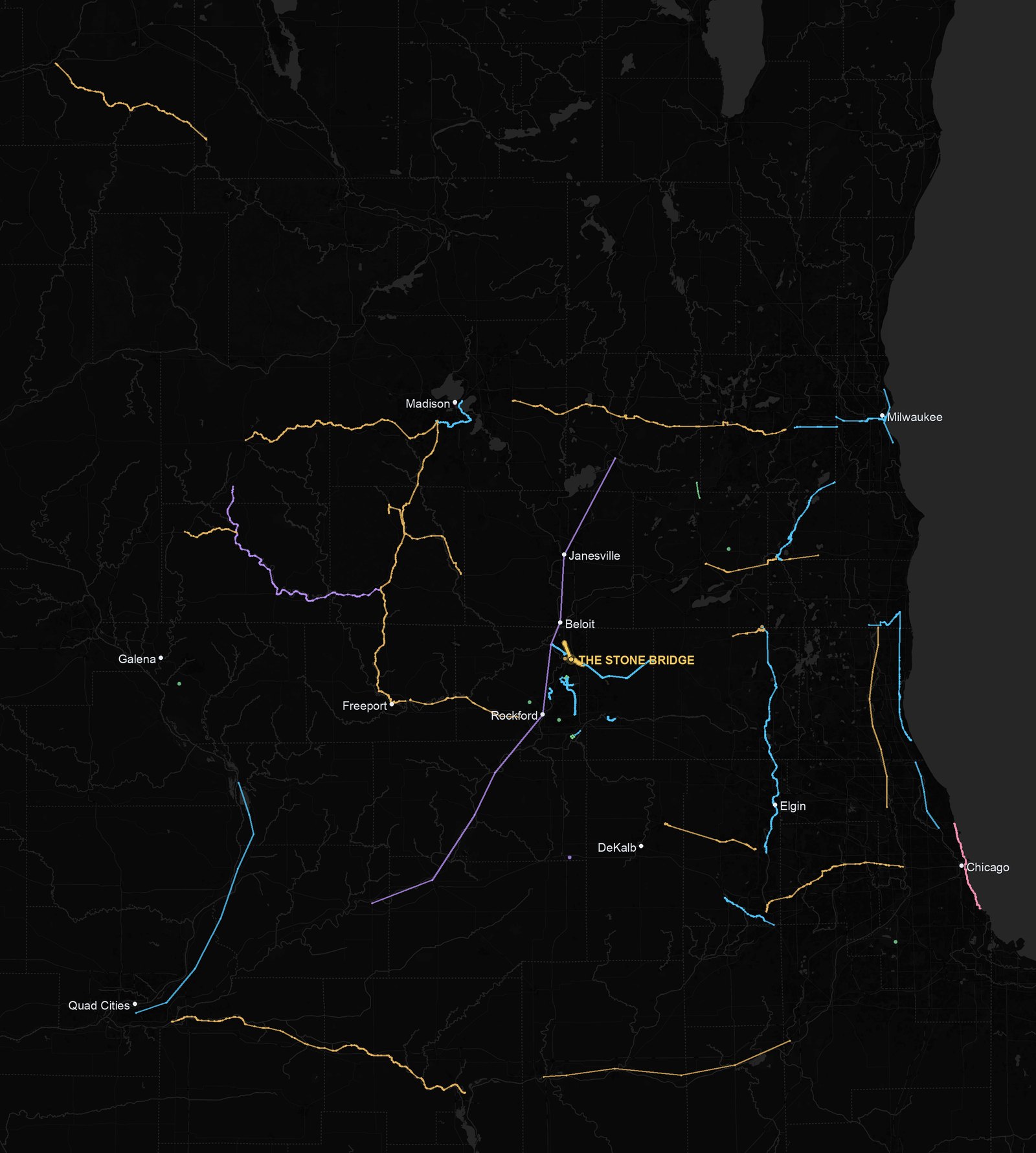 Every trail reachable from the Stone Bridge Trail, mapped across the greater Rockford region from the Mississippi River to Lake Michigan, Madison down to Chicago